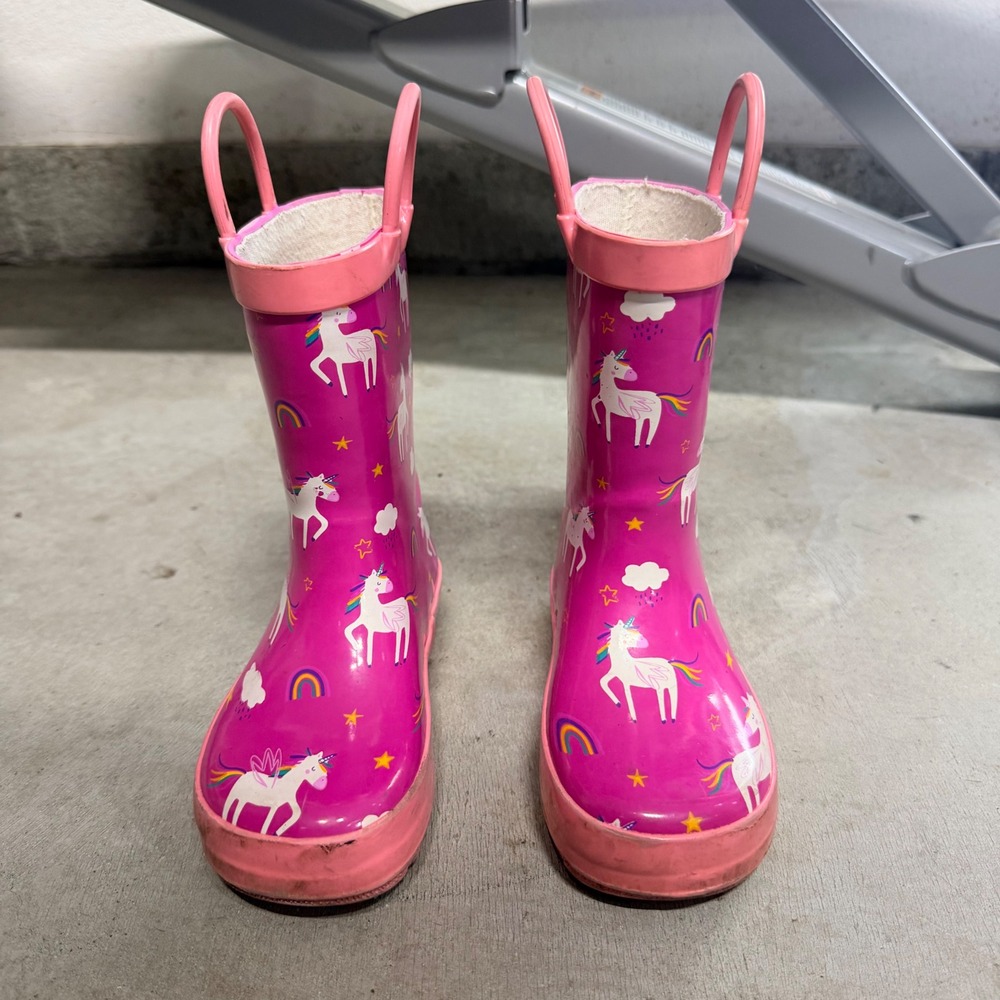Rain Boots Pink Unicorn Rainbow Pull On Toddler Kids Size 8
